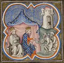 Enluminure de deux monarques dans une tente recevant des clés des mains de deux hommes arabes. Un château stylisé est visible à l'arrière-plan