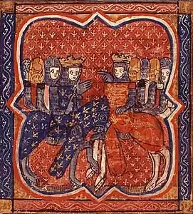 Enluminure. Ils se font face, chacun suivi de quelques guerriers. Le surcot de Philippe et la housse de son cheval sont bleus et fleurdelysés. Ceux de Richard sont rouges, armoriés de lions.