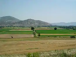 Plaine cultivée devant une colline