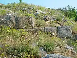 Talus herbeux où émergent de gros blocs de pierre équarris