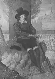 Homme jeune en noir, chapeau à larges bords, assis au pied d'un arbre ; luxueux palais et jardin à la française en fond.