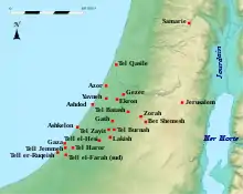 Carte de la Philistie avec localisation de plusieurs sites archéologiques.