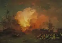 L’explosion de l’Orient vue par Philip James de Loutherbourg en 1800. Ce tableau moins connu que le précédent insiste sur le caractère apocalyptique de l’explosion.