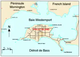 Carte de la baie Westernport et Phillip Island