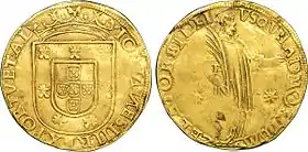 Pièce d'or à l'effigie de Saint-Vincent frappée sous le règne de Jean III (avant 1557) équivalant à 1 200 réaux portugais.