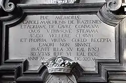 Détail de la plaque du monument funéraire de Charles II de Trazegnies et de son épouse Adrienne de Gavre