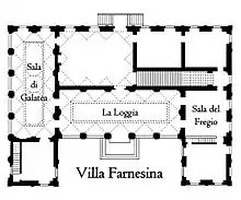Image d'un plan d'édifice en forme de U avec inscriptions nommant les différents endroits.