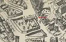 Plan de ville ancien montrant une église jouxtant des bâtiments et un jardin.