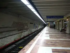Une moitié du quai central et une voie du métro, le sol est en marbre rouge avec des lignes blanches