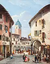 Peinture montrant la Piazza delle Erbe à Novarre, vers 1840