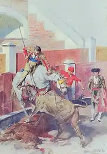 Acculés contre une barrière, un picador sur un cheval encorné par un taureau. Un matador et un peón observent la scène.