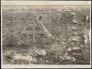 Carte illustrée de la ville de Paris et ses environs, montrant les principaux bâtiments, monuments, parcs, etc., les fortifications françaises, et les positions prussiennes.