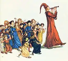 Un joueur de flûte à chapeau conique avance suivi d'une troupe d'enfants à l'air ébahi.