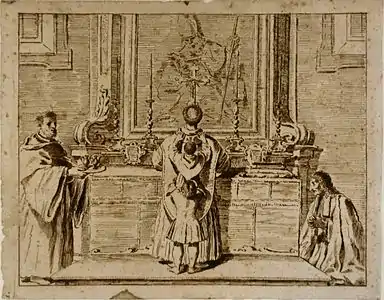 Prêtre et acolytes célébrant la messe, Pier Leone Ghezzi, XVIIIe siècle.