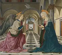Peinture. L'ange parle à la Vierge qui l'écoute avec attention.