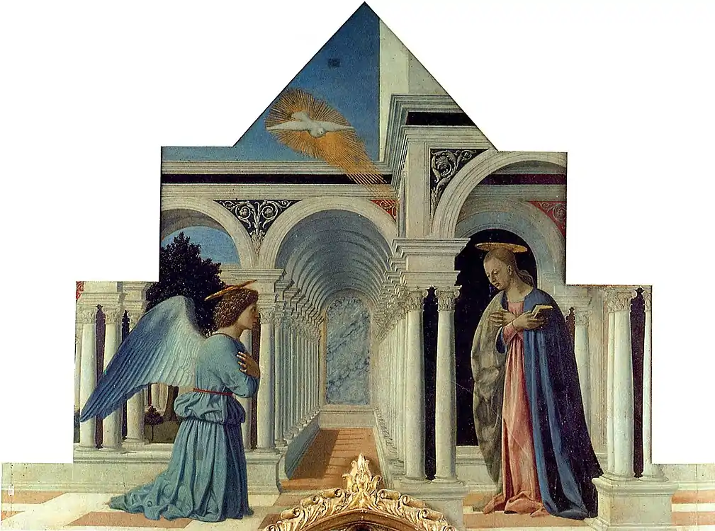 Peinture. Entre l'ange et Marie, qui est entourée de colonnes, un couloir mène au loin à une plaque de marbre.