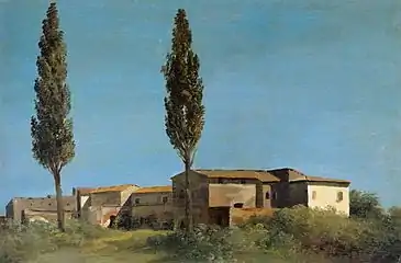 Une ferme près de la Villa Farnèse, Pierre-Henri de Valenciennes, 1800. Étude, huile, papier, H. 25 cm. Louvre.
