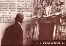 photomontage accompagnant le texte d'un article : une silhouette de dos évoquant Bonny, devant la façade du ministère de la guerre