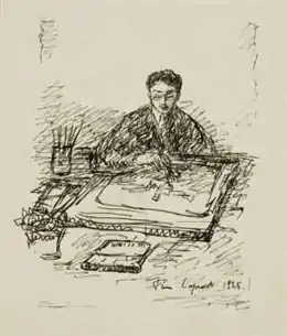 Gravure représentant un artiste brun avec lunettes, assis à une table, travaillant sur une gravure