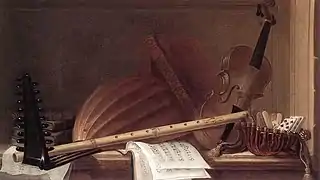 Pierre Nicolas Huilliot :Nature morte aux instruments de musique, avec flûte en ivoire