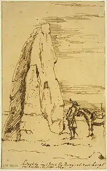 Dessin d'un homme avec son cheval debout près d'un grand rocher qui semble faire quatre fois sa hauteur.