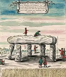 Estampe du dolmen avec des indications sur la largeur et la longueur.