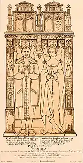 Pierre tombale de Philippe de Guillebon, seigneur d'Angivillers, et de sa femme Gabrielle de Chasserat.