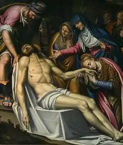 Peinture du Christ mort, le corps à-demi allongé, entouré de différents personnages qui le pleurent.
