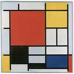 Composition en rouge, jaune, bleu et noir, 1921, huile sur toile, 59,5 × 59,5 cm, Gemeentemuseum.