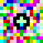 Un carré contient ce qui semble être des pixels multicolores et en son centre une croix de même.
