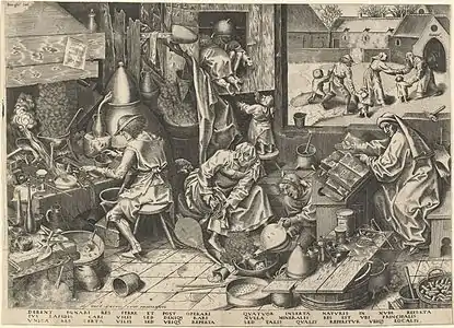 L'alchimiste gravé par P. Galle d'après  Pieter Brueghel l'Ancien