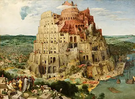 Tableau allégorique en couleur de la tour de Babel.