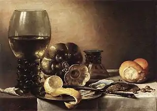 Nature morte, huile sur planche de chêne, 38 × 53 cm, 1633 (Gemäldegalerie Alte Meister, Cassel).