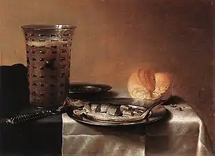 Nature morte au hareng, huile sur toile, 36 × 46 cm, 1636 (Musée Boijmans Van Beuningen, Rotterdam). Œuvre de la période véritablement « monochrome » de Claesz (1630-1640).