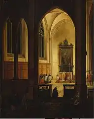 Intérieur d'une église gothique de nuit