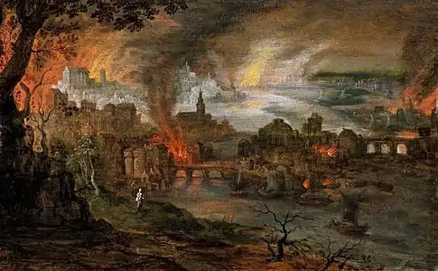 Tableau représentant les villes bibliques de Sodome et Gomorrhe en feu.