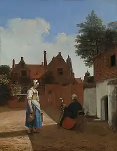 Exemple de cour de Delft : Pieter de Hooch, Femme avec rouet dans une cour (1656, Royal Collection).