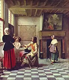 Une femme buvant du vin blanc avec deux hommes, scène de genre hollandaise du XVIIe siècle.