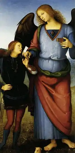 L’archange Raphaël avec Tobie, le Pérugin, panneau droit du Polyptyque de la chartreuse de Pavie (v. 1496-1500), National Gallery, Londres, Royaume-Uni.