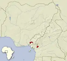 Carte montrant une minuscule tache orange et deux petites taches rouges pas très loin de la côte ouest du golfe de Guinée