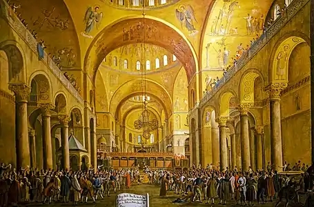 Le doge est présenté au peuple dans la basilique St Marc par le plus ancien des 41.Gabriele Bella,  Pinacoteca Querini Stampalia.