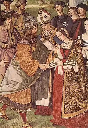 Un évêque entouré de personnages présente une belle jeune fille à un empereur couronné
