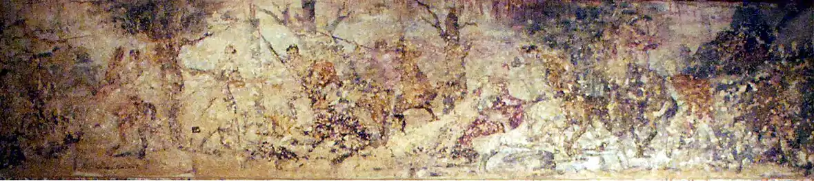 Scène de chasse représentant probablement au centre Alexandre à cheval, tombe de Philippe II, Aigéai.