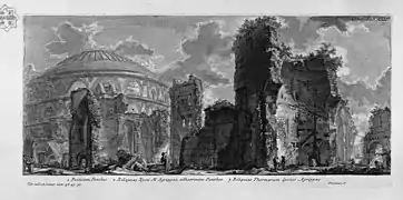 Panthéon et vestiges des thermes sur une gravure de Piranèse.