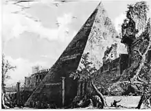 Gravure de la pyramide de Cestius faite par Giovanni Battista Piranesi.