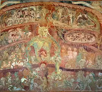 Fresque montrant sur quatre bandes superposées des corps de condamnés en proie à divers supplices, tandis que se détache en superposition l'image bestiale de Satan.