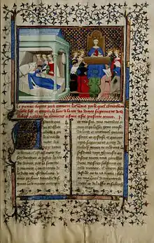 Page de manuscrit médiéval illustrée d'une riche enluminure