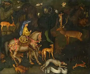 La Vision de saint Eustache, Pisanello, avec pastiglia sur les parties métalliques du harnais du cheval