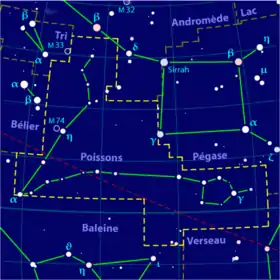 Position de M74 dans la constellation des Poissons.