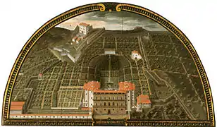 Le Forte Belvedere domine le Jardin de Boboli et Palais Pitti - Médaillon de  Giusto Utens (1599) au Museo di Firenze com'era